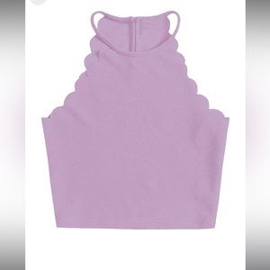 MakeMeChic Women's Solid Halter Neck Cami Scallop Trim Workout Crop Top